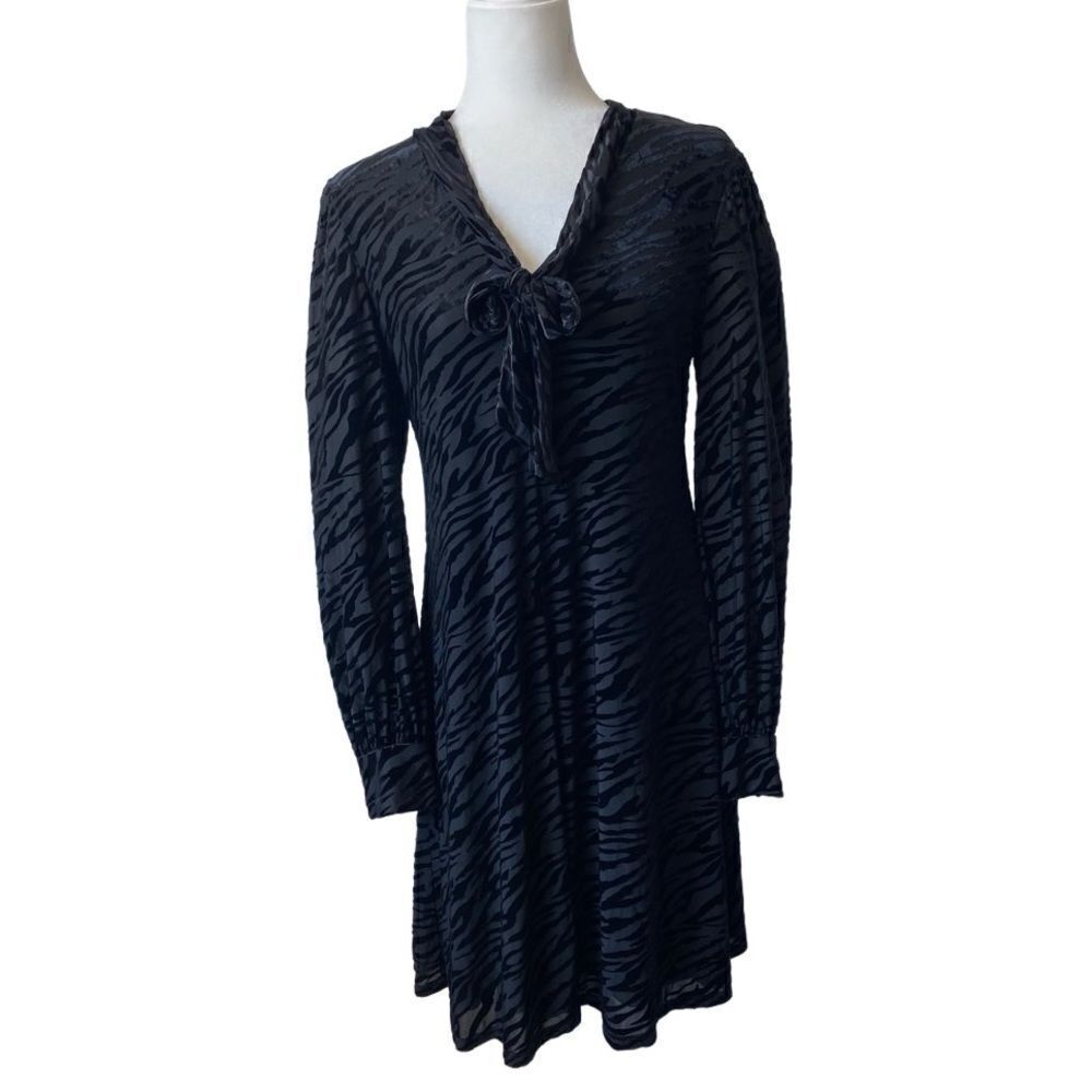 Calvin Klein Black Velvet Dress Zebra Print Long Sleeve Retro